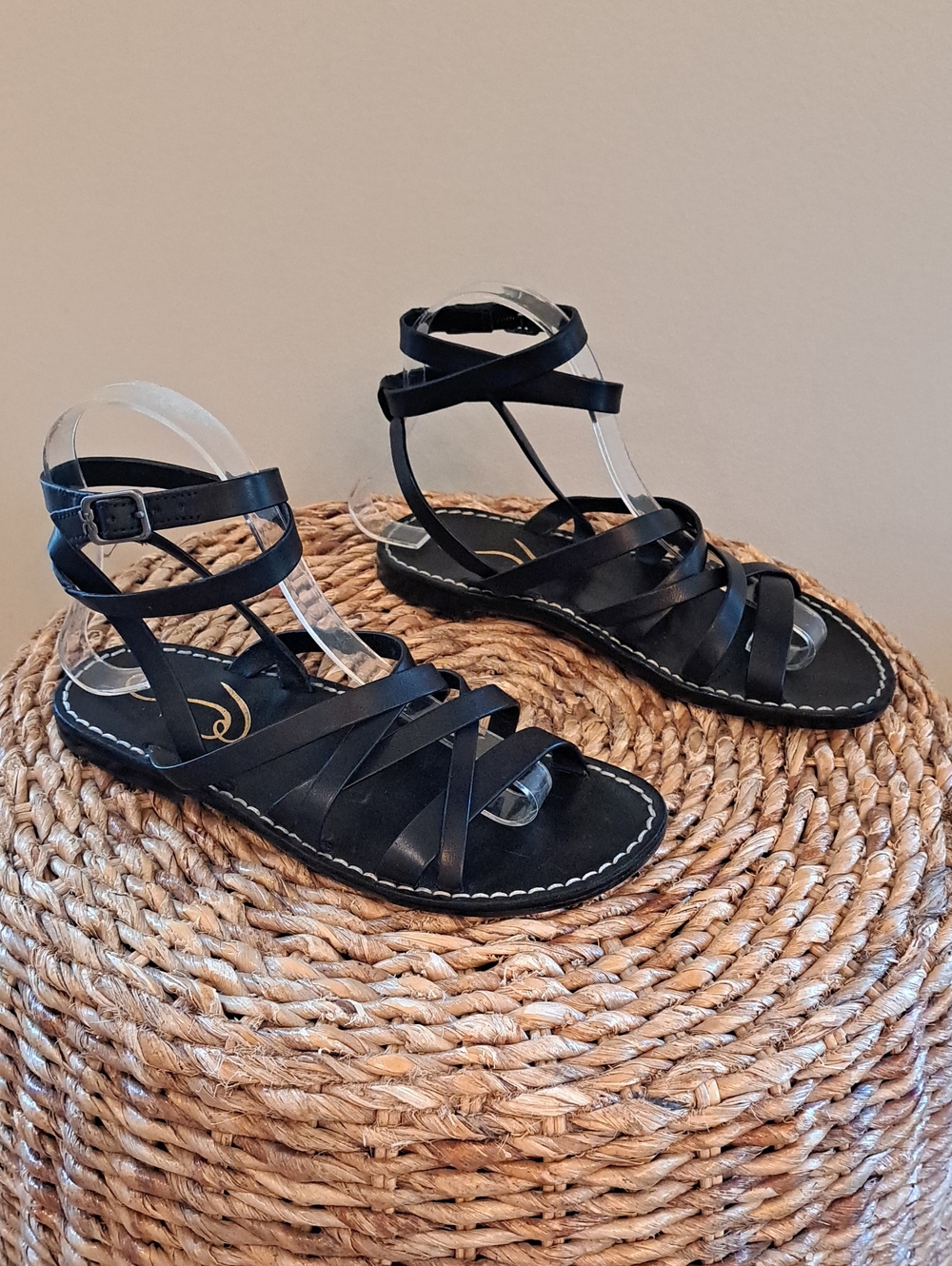 Sam‎ Edelman Womens Meriam Summer Black Leather Strappy Flat Gladiator Sandals 6